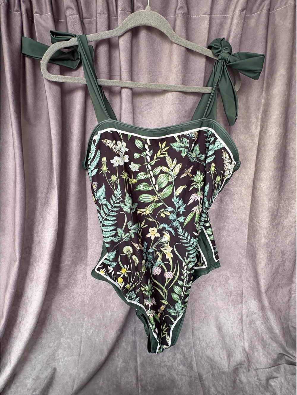 Women’s 3XL Botanical Floral One Piece Swimsuit Green Tie Strap Sarong Cover Up